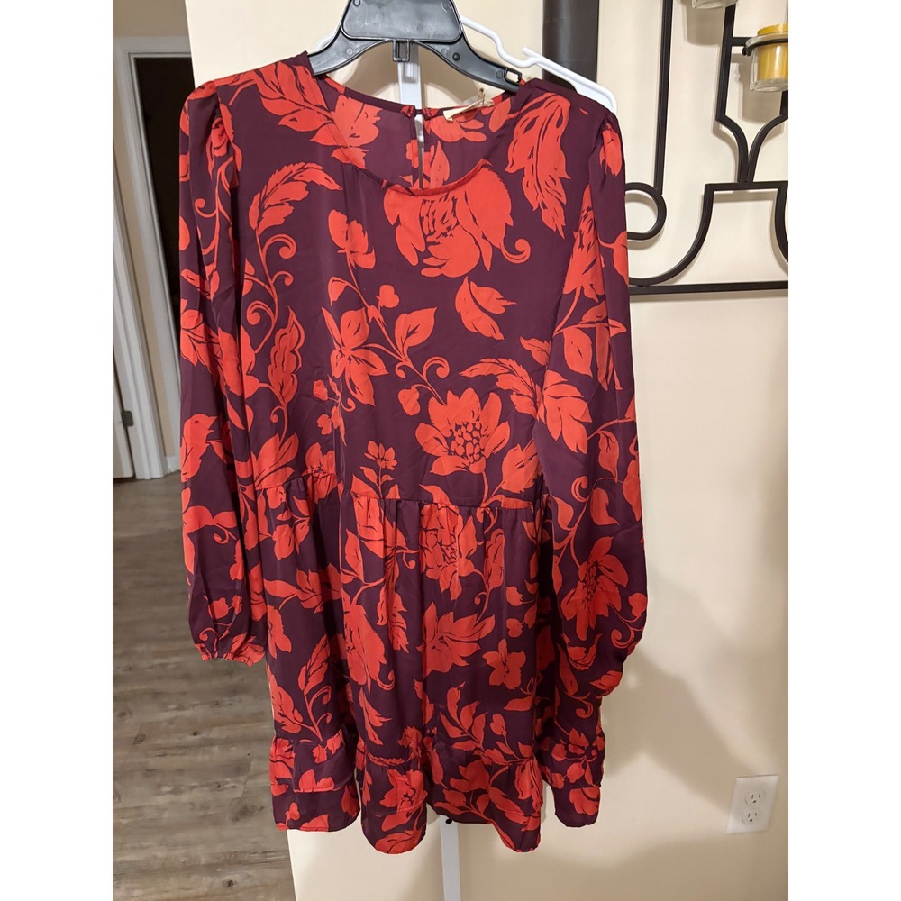 Easel Los Angeles Red Burgundy Floral Puff Sleeve Ruffle Babydoll Mini Dress M